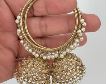 Restocked Antique Polki hoop Jhumka/stone Jhumka/Indian Jewelry/Pakistani Jewelry/Punjabi Jewelry/Statement earrings/Bridal earring/Indian