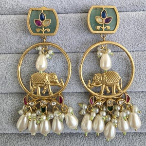 Mint Green Amrapali-inspired Long Gold Heritage Elephant Chandbali Indian Earrings, Antique Chand Earring With Gold Plating, Fusion earrings