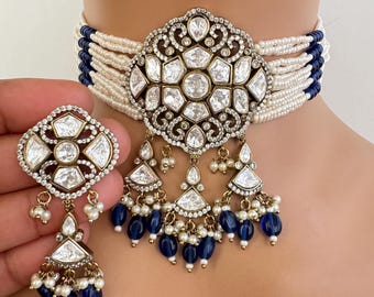 Blue Kundan Polki Choker Necklace, Victorian Style Indian Jewelry