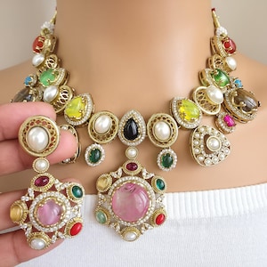 Navratan Sabyasachi Necklace, Statement Necklace, Semi Precious Necklace, Designer Necklace, Indian wedding,Pakistani Wedding jeweley