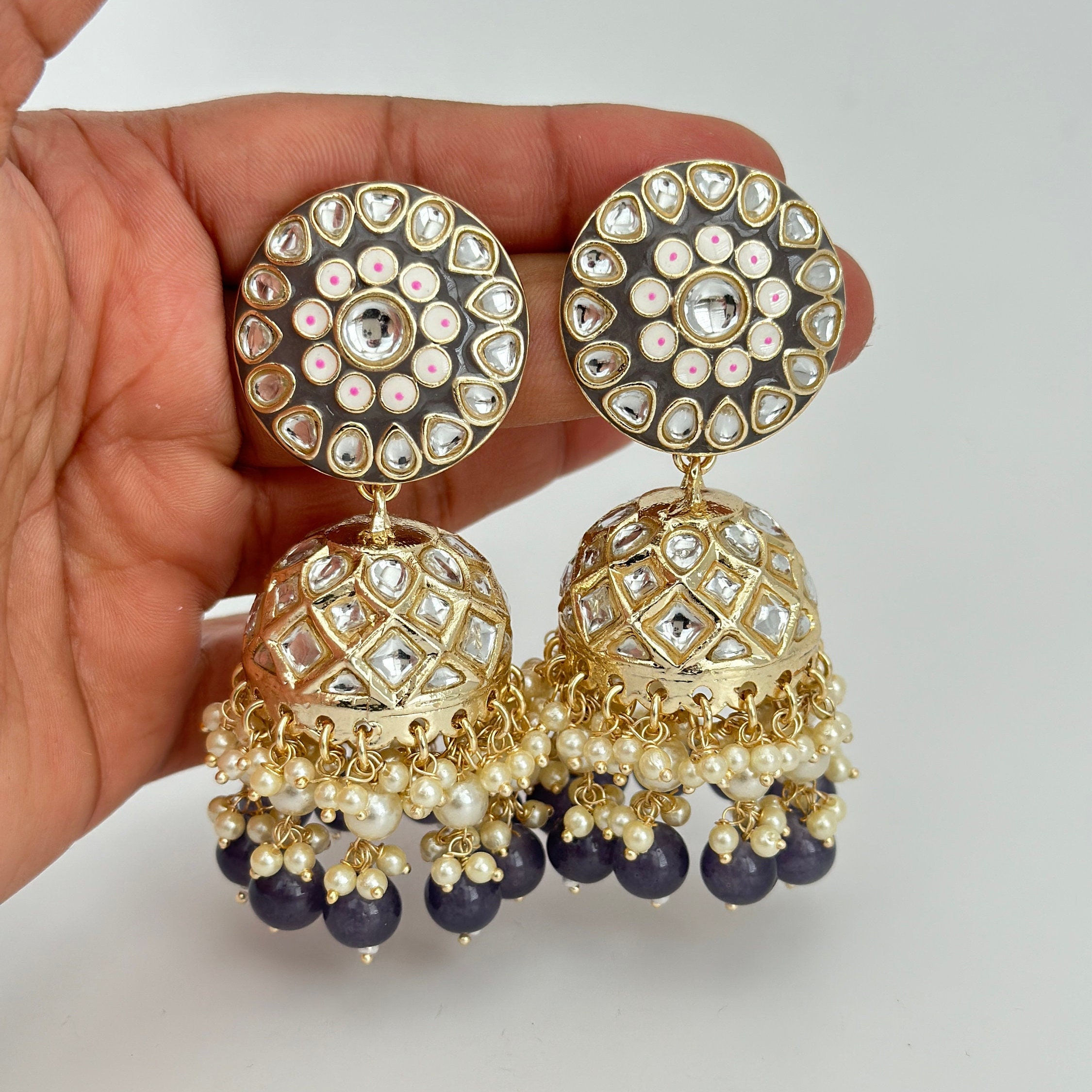 Boho Kundan Jhumka Earrings – Retro Indian Drop Earrings For Women, Gypsy Fashion Jewelry, Alloy, 2.6 X 1.4 Inches - View #5