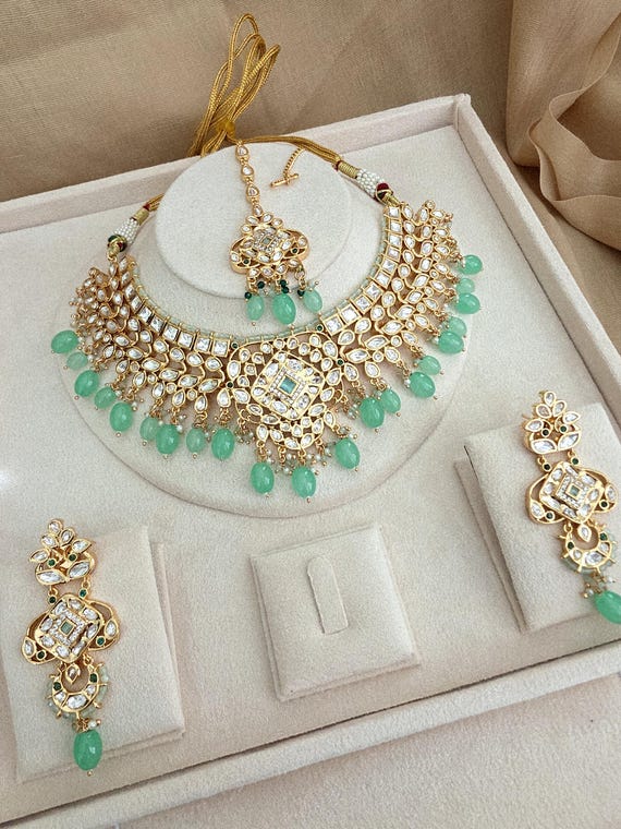 Mint Fine Kundan Indian Bridal Necklace, Wedding Necklace, Fine