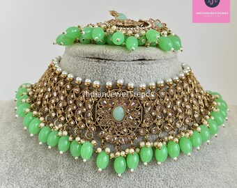 Mint Antique Polki Kundan Choker Necklace, Kundan Choker, Indian jewelry, Pakistani necklace, Punjabi , bridal,Indian wedding