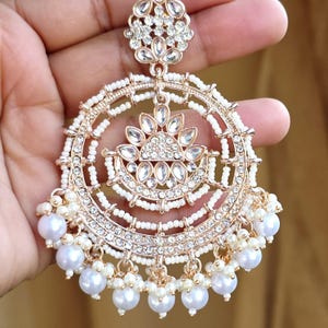 White Rose Gold Bollywood Stone Kundan Chandbali Earrings, Stone earrings, Indian Kundan Earrings,Pakistani Punjabi earrings, Indian wedding image 3