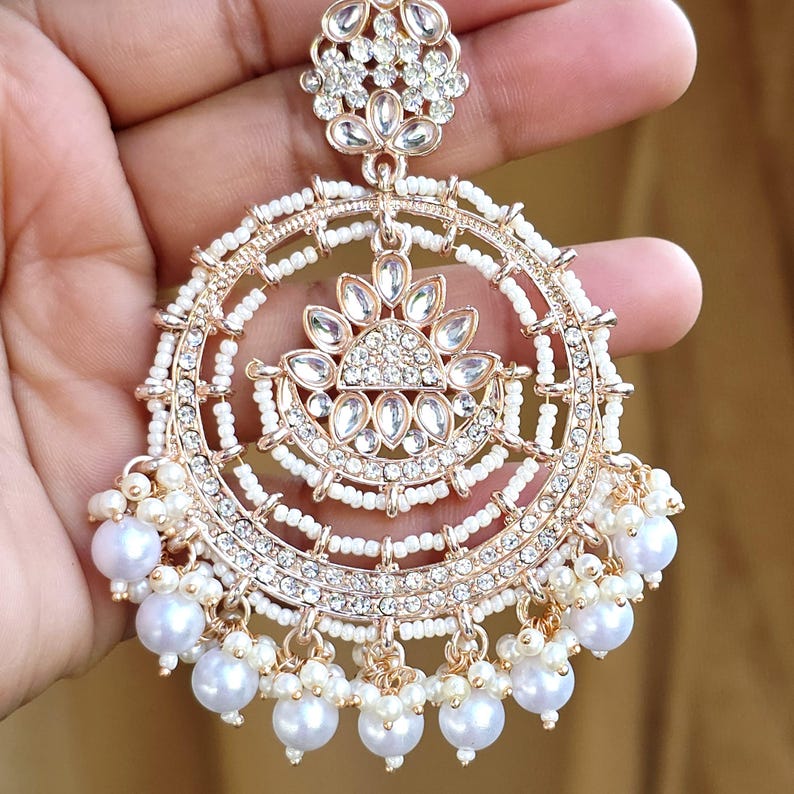 White Rose Gold Bollywood Stone Kundan Chandbali Earrings, Stone earrings, Indian Kundan Earrings,Pakistani Punjabi earrings, Indian wedding image 3