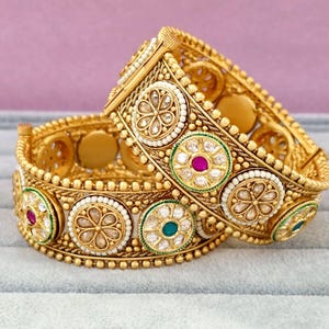 Rajwadi Gold Plated Kundan Bangle Pair: Ruby Green Polki Kada, Indian Pakistani wedding jewelry