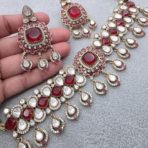 Ruby Red Victorian Moissanite Polki Kundan Choker necklace, Sabyasachi Designer necklace, Bollywood, Indian, Pakistani Jewelry for Wedding