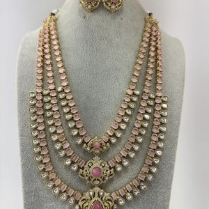 Pink Bridal Moissanite Polki Kundan 3 Layer long necklace/Indian jewelry/Kundan rani haar/Mala necklace set/Indian Wedding/Bridal