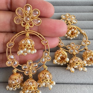 Gold Polki Kundan chandbali Indian Pakistani Earrings, Antique Chand Earring With Gold Plating, gold earrings, Indian wedding collection
