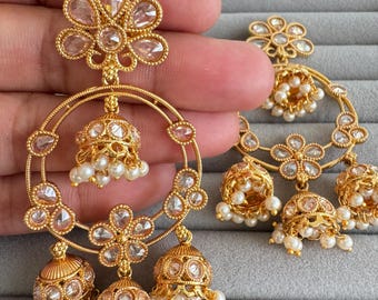 Gold Polki Kundan chandbali Indian Pakistani Earrings, Antique Chand Earring With Gold Plating, gold earrings, Indian wedding collection