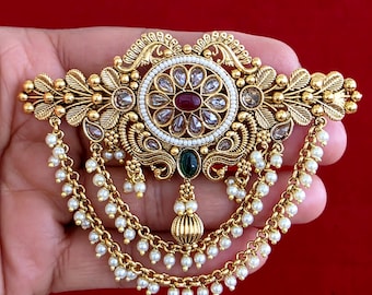 Gouden bruids Jada Billalu Polki haarchoticlips/kondai/Bharatanatyam Kuchipudi Dance/Zuid-Indiase bruiloft/choti haaraccessoires, haarbroche