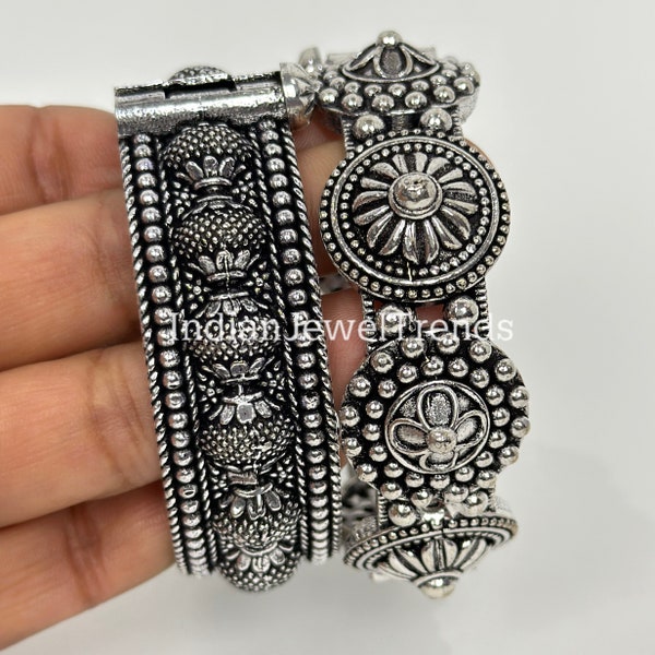 Oxidized Silver openable single Kada/Bracelet (1Pc)/German Silver/Boho/Tribal/Indian Jewelry/Pakistani/Oxidized Bangles/One size fit 2.4/2.6