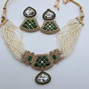 Green Pearl Antique Polki Kundan Choker Necklace set, Indian jewelry, Pakistani necklace, Punjabi necklace, bridal, Indian wedding