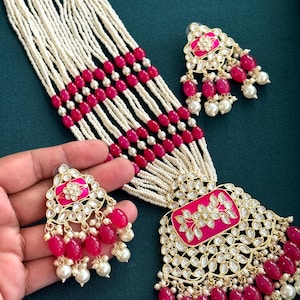 Hot Pink Kundan long necklace set/Kundan rani haar/Kundan Mala Set/Multi strand necklace/Indian jewelry/Kundan jewelry/Bridal necklace