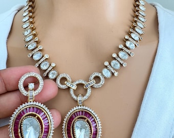 Ruby Victorian Moissanite Necklace, Semi-precious muti stones Pendant Necklace, Indian Bridal Jewelry, Bollywood Sabyasachi Necklace