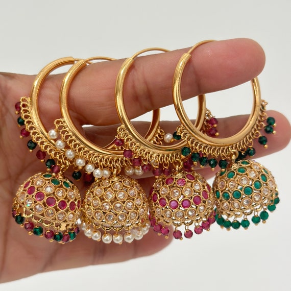 Punjabi Gold Polish Jardhu Jadau Bali Earrings with Layered Jhumki and  Pearls