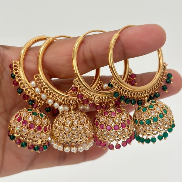 Gold plated polki Hoop Earrings/Bali Jhumkas/Traditional ethnic earrings/Trendy earrings/Statement earrings/Bridal jewelry/Pakistani/Punjabi