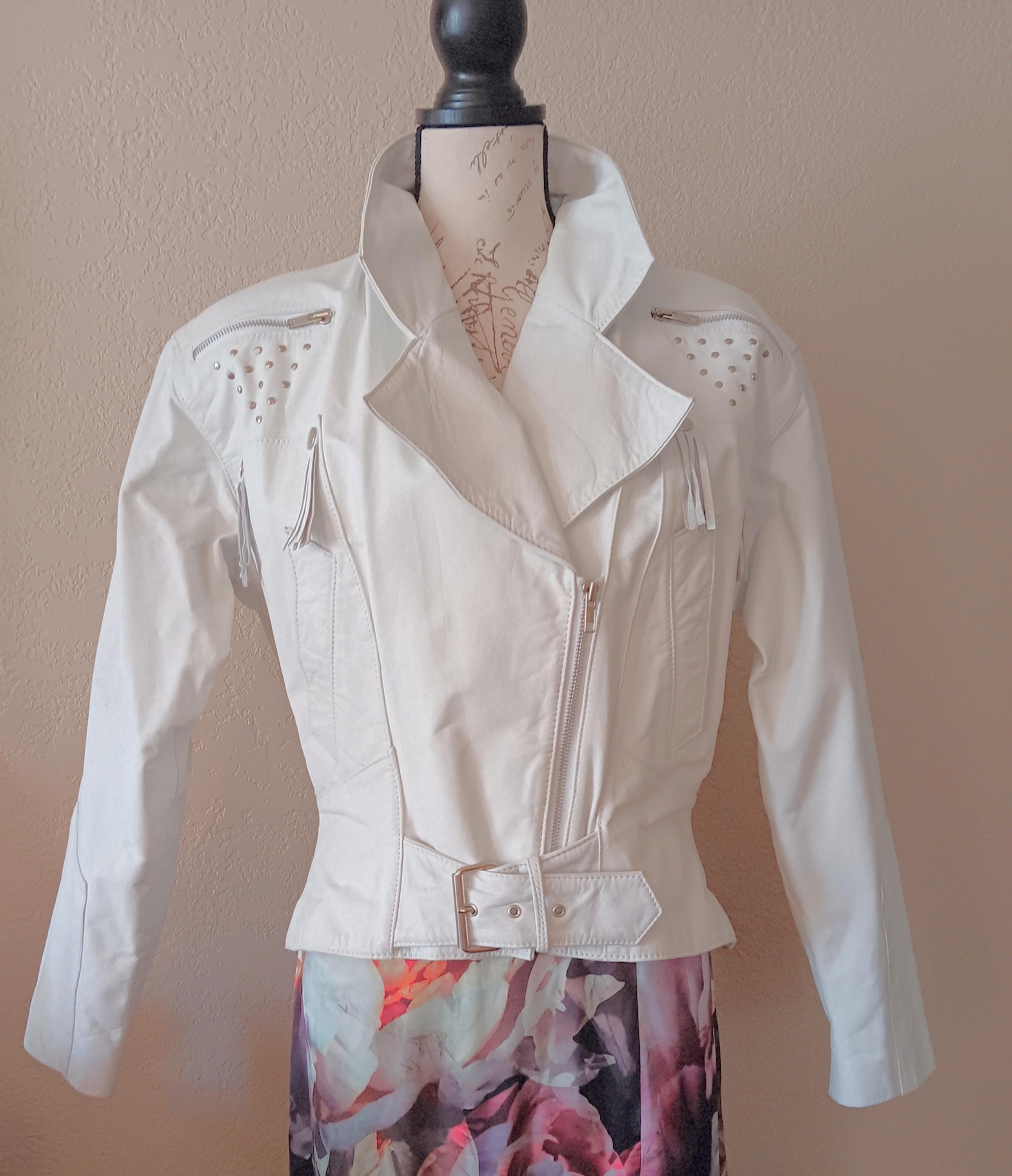 Vintage 1980s White Leather Cropped Motorcycle Jacket Size L