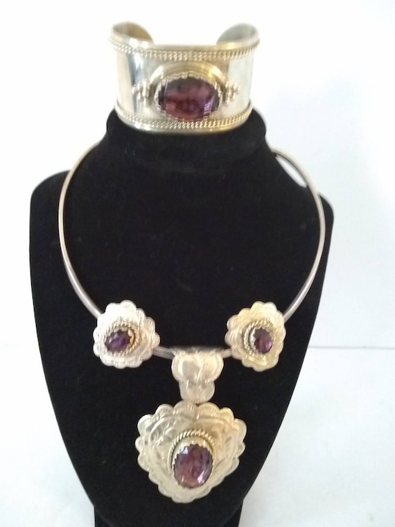 Vintage Southwest Style Amethyst Silver Jewelry Set