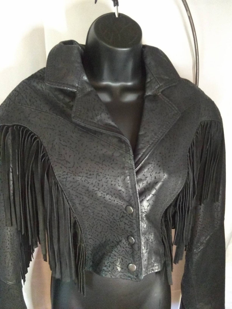 Vintage, Leather, Jacket, Black, Comint, Biker, motorcycle, Crop, Fringe, hippie, Boho, Harley, Sturgis, Rare, 80s, women's, Size Small image 1