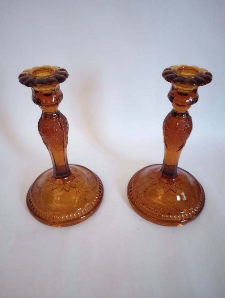 Vintage Amber Tiara Indiana Glass Candlestick Holders Set of Two 2 - Etsy