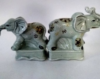 Vintage Porcelain Celadon Hand painted Elephants