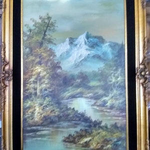 Outstanding Signed G. Whitman Mystery Artist Original Oil Painting Landscape Snowy Mountain Serene River Landscape