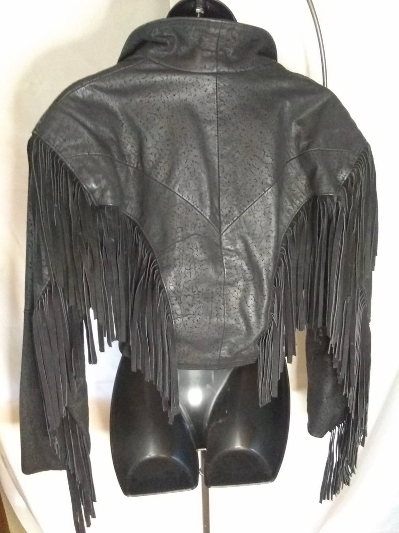 Vintage, Leather, Jacket, Black, Comint, Biker, motorcycle, Crop, Fringe, hippie, Boho, Harley, Sturgis, Rare, 80s, women's, Size Small image 8