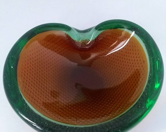 Vintage Murano Ferro Italarts Amber & Green Bullicante bowl dish ashtray.