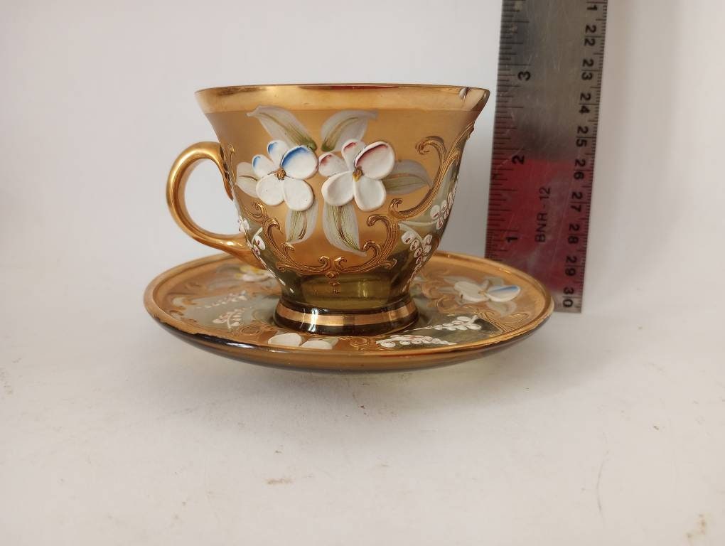 Murano Venezia Teacup & Saucer Set of Six, Art Glass