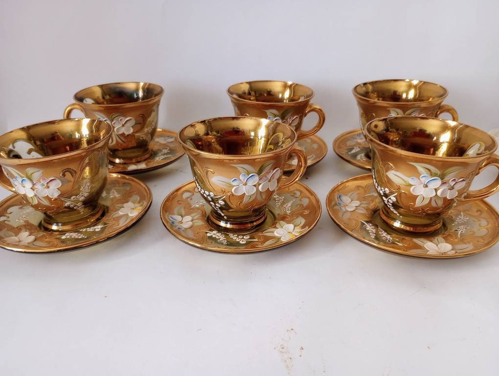 Murano Venezia Teacup & Saucer Set of Six, Art Glass