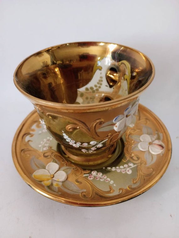 Murano Venezia Teacup & Saucer Set of Six, Art Glass