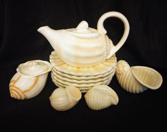 Vintage Beachcomber Ceramic Shell Tea Service Set with Bonus Shell Plates 12 Pieces