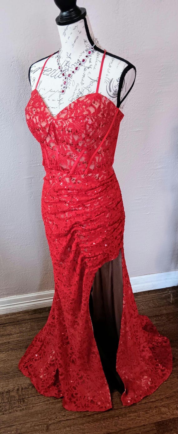 red lace dress size 16 Sweetheart Valentine Designer Red Lace Corset Bustier Formal Gown Prom  Pageant Dress Size 16
