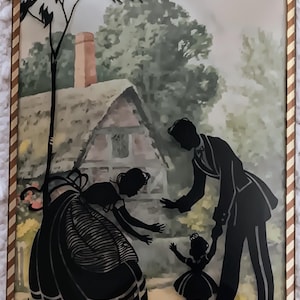 Vintage Convex Reverse Painted Glass Silhouette Picture Family Man Woman Child Baby Bubble Glass