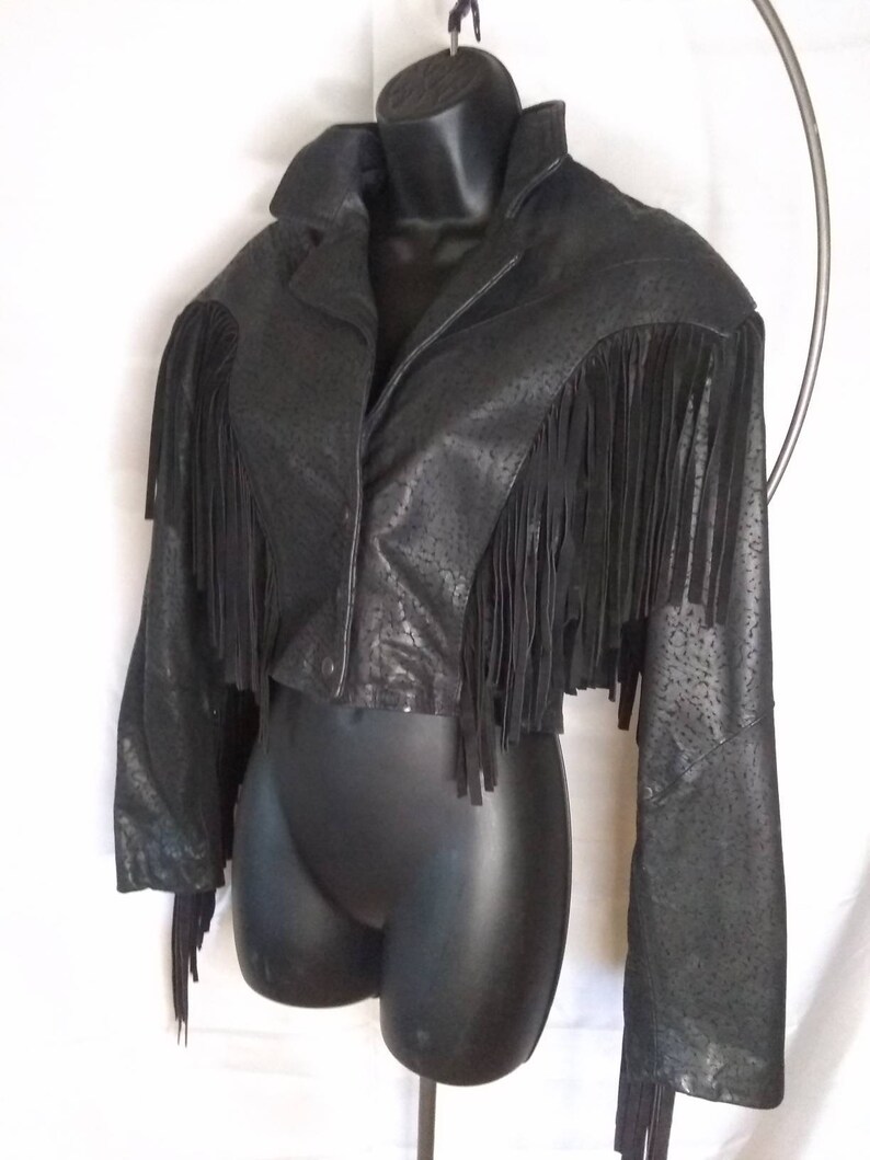 Vintage, Leather, Jacket, Black, Comint, Biker, motorcycle, Crop, Fringe, hippie, Boho, Harley, Sturgis, Rare, 80s, women's, Size Small image 5