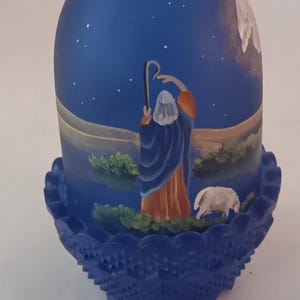 Fenton Birth of a Savior The Announcement Blue Satin Glass Hand Painted Fairy Lamp