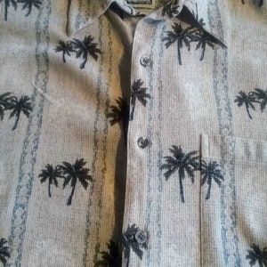 May include: A beige button-up shirt with a palm tree print. The shirt has a vertical striped pattern and a small label with the text "Hawaiian Sunset" on the left side of the collar.