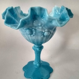 Vintage Blue Fenton Cabbage Rose Slag Glass Compote with Ruffled Edge