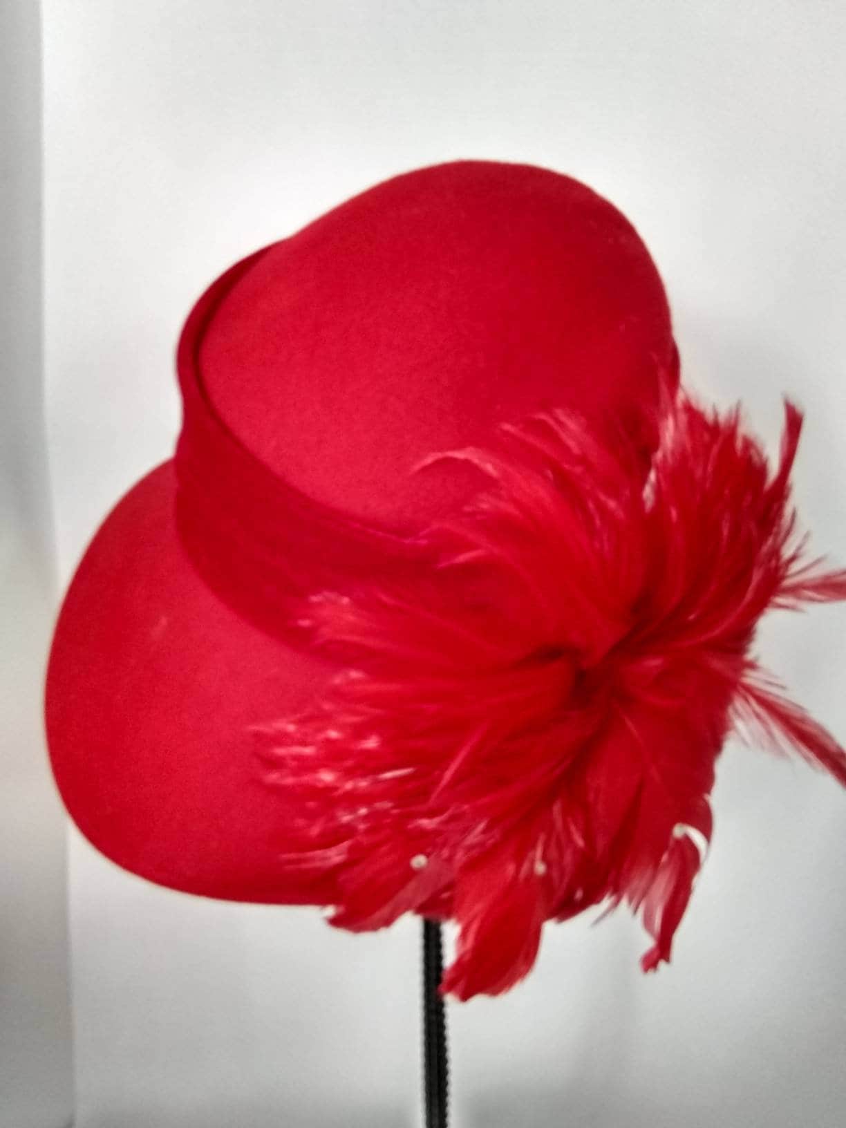 Vintage Red Felt Kentucky Derby Church Wedding Holiday Hat Feathers Rhinestones M509 ( Red/black ) Kentucky Derby Hat, Church Hat, Wedding  main image 3