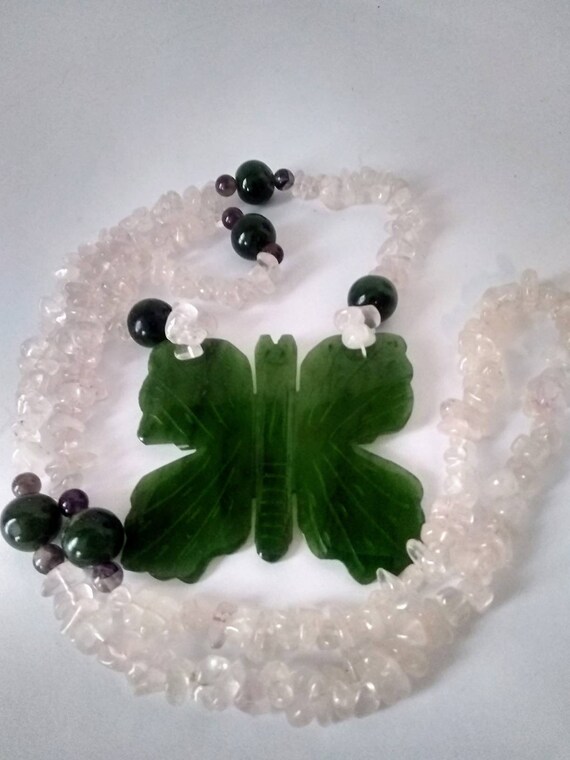 Vintage Jade Butterfly Necklace Boho Amethyst Fes… - image 2