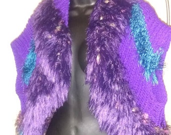 Purple Fuzzy Boho Crochet Shawl Jacket Size M