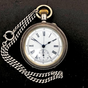 Zilveren zakchronograaf Zwitsers horloge met ketting Vintage begin 20e eeuw