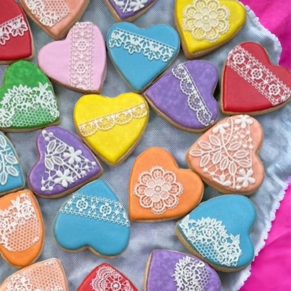 Edible Lace Delights: Multicolored Heart Sugar Cookies