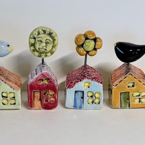 Handmade Ceramic Mini Houses | Glazed Tiny Birdhouse Decor, Plant Stake Ornaments
