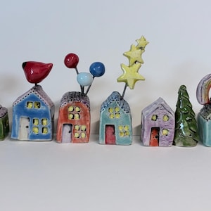 Handmade Ceramic Mini Houses | Glazed Tiny Birdhouse Decor, Plant Stake Ornaments
