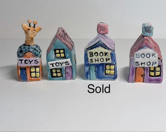 Handmade Ceramic Village Buildings | Whimsical Glazed Miniature Shops, Collectible Pottery