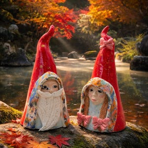 Whimsical Ceramic Gnome Couple – Handmade Garden Figurines – Red Hat Elf Sculptures – Whimsical Oddlings