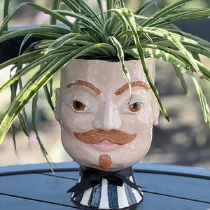 Handmade Ceramic Face Planter, Whimsical Mustache Head Pot, Sculptural Art Planter, Unique Plant Lover Gift