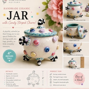 Whimsical Handmade Ceramic Jar with Colorful Dots & Candy-Striped Knob | One-of-a-Kind Pottery